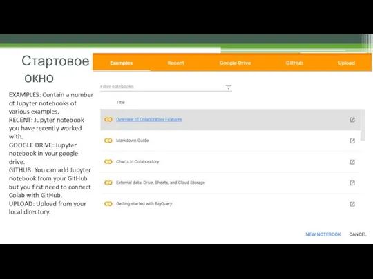 Стартовое окно EXAMPLES: Contain a number of Jupyter notebooks of various