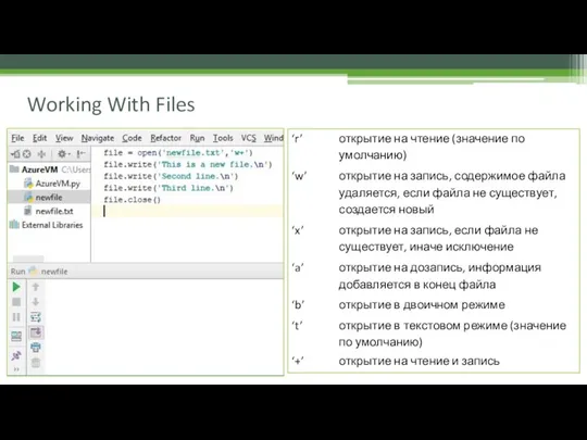Working With Files ‘r’ открытие на чтение (значение по умолчанию) ‘w’