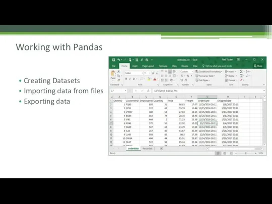 Creating Datasets Importing data from files Exporting data Working with Pandas