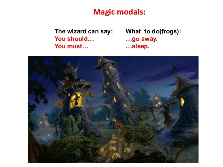 Magic modals: The wizard can say: You should… You must… What to do(frogs): …go away. …sleep.