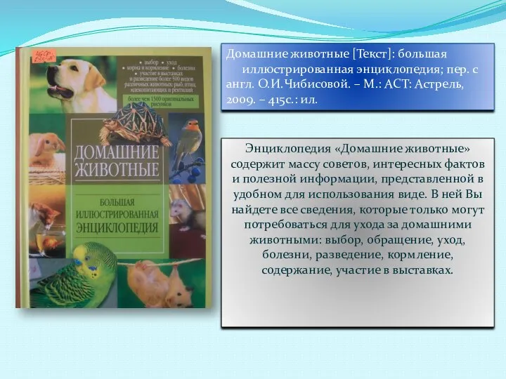 Энциклопедия «Домашние животные» содержит массу советов, интересных фактов и полезной информации,