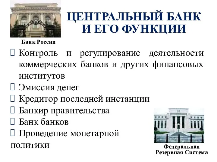 ЦЕНТРАЛЬНЫЙ БАНК И ЕГО ФУНКЦИИ Контроль и регулирование деятельности коммерческих банков