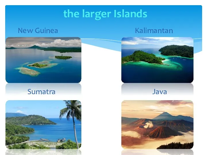 the larger Islands New Guinea Kalimantan Sumatra Java