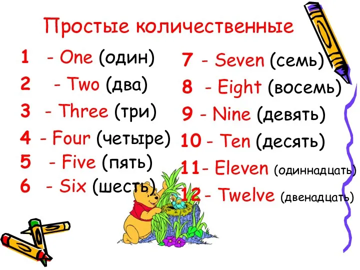 Простые количественные - One (один) 1 - Two (два) 2 -