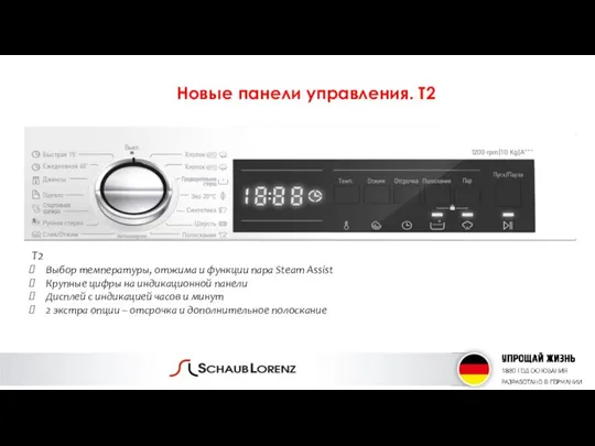 Новые панели управления. Т2 Т2 Выбор температуры, отжима и функции пара