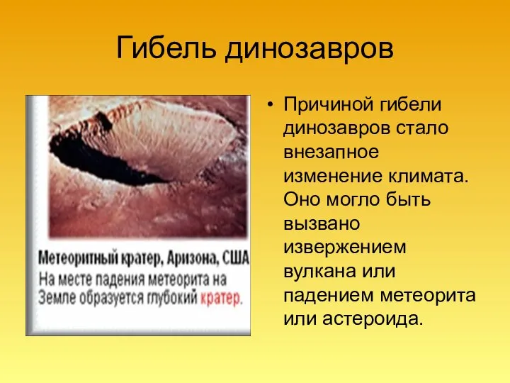 Гибель динозавров Причиной гибели динозавров стало внезапное изменение климата. Оно могло