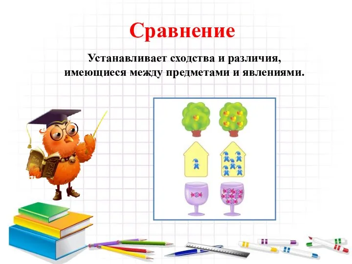 Сравнение Устанавливает сходства и различия, имеющиеся между предметами и явлениями.