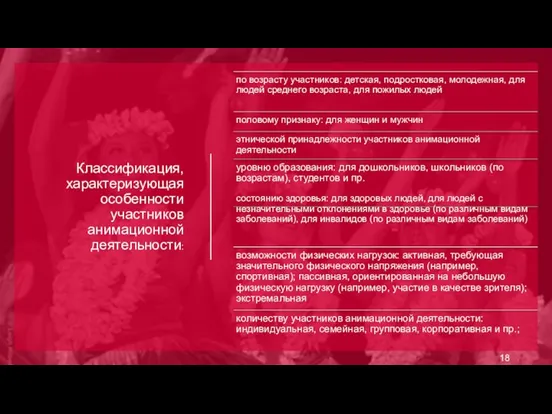 Классификация, характеризующая особенности участников анимационной деятельности: