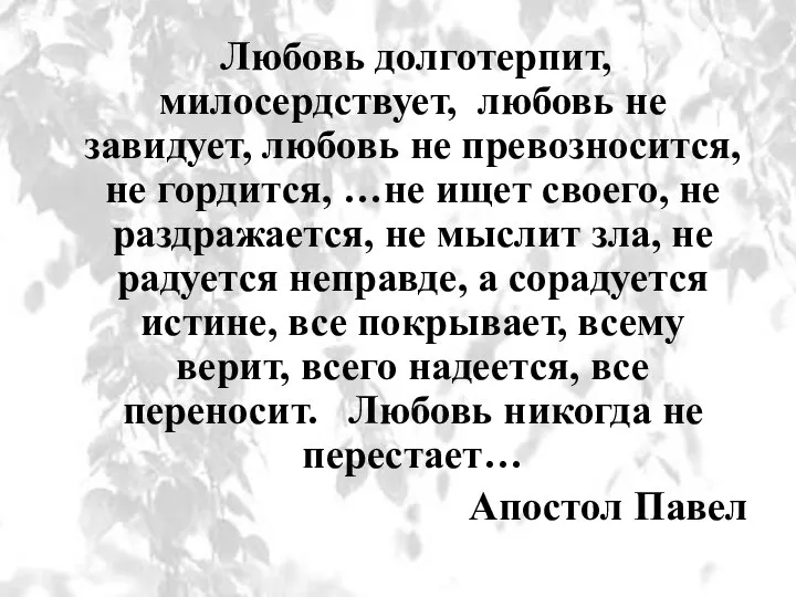 Любовь долготерпит, милосердствует, любовь не завидует, любовь не превозносится, не гордится,