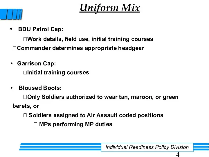 Uniform Mix Individual Readiness Policy Division BDU Patrol Cap: Work details,