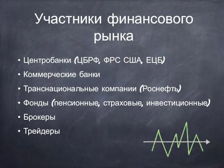 Участники финансового рынка Центробанки (ЦБРФ, ФРС США, ЕЦБ) Коммерческие банки Транснациональные