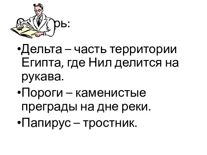 Словарь: Дельта – часть территории Египта, где Нил делится на рукава.