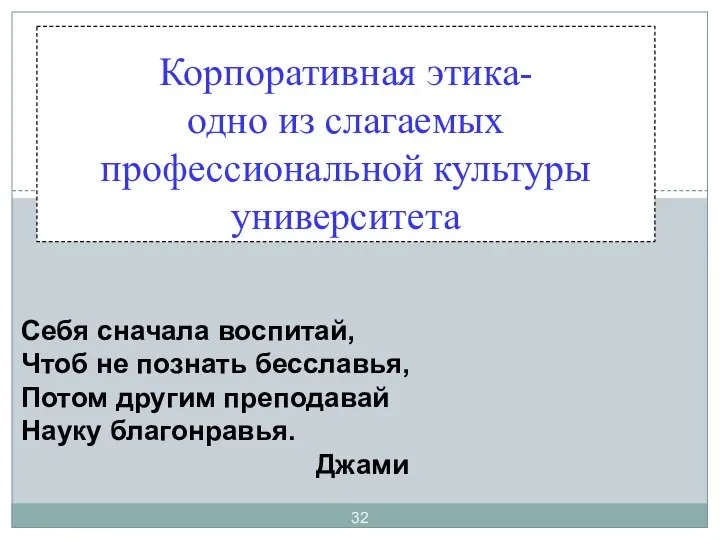 Корпоративная этика- одно из слагаемых профессиональной культуры университета Себя сначала воспитай,