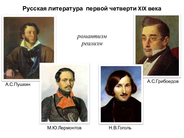 Русская литература первой четверти XIX века А.С.Грибоедов А.С.Пушкин Н.В.Гоголь М.Ю.Лермонтов романтизм реализм