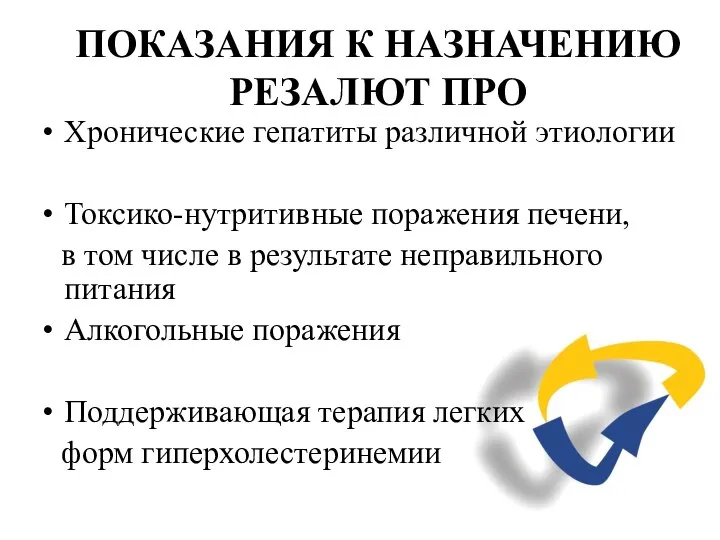 ПОКАЗАНИЯ К НАЗНАЧЕНИЮ РЕЗАЛЮТ ПРО Хронические гепатиты различной этиологии Токсико-нутритивные поражения