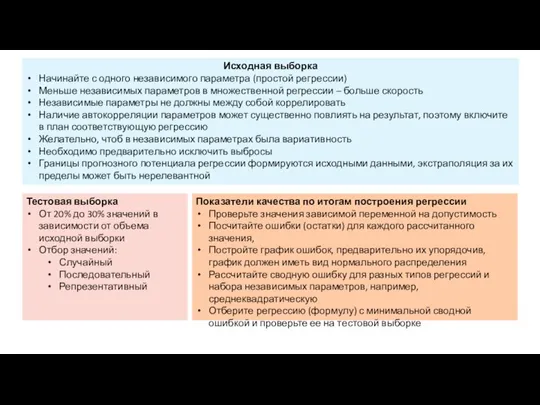 Исходная выборка Начинайте с одного независимого параметра (простой регрессии) Меньше независимых