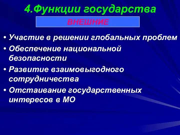 4.Функции государства Участие в решении глобальных проблем Обеспечение национальной безопасности Развитие