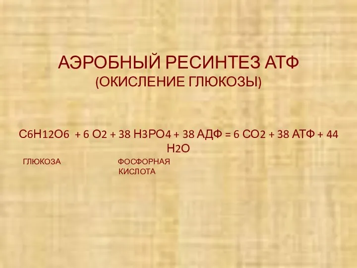 АЭРОБНЫЙ РЕСИНТЕЗ АТФ (ОКИСЛЕНИЕ ГЛЮКОЗЫ) С6Н12О6 + 6 О2 + 38