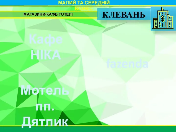 МАЛИЙ ТА СЕРЕДНІЙ БІЗНЕС МАГАЗИНИ-КАФЕ-ГОТЕЛІ КЛЕВАНЬ Кафе НІКА Мотель пп. Дятлик fazenda