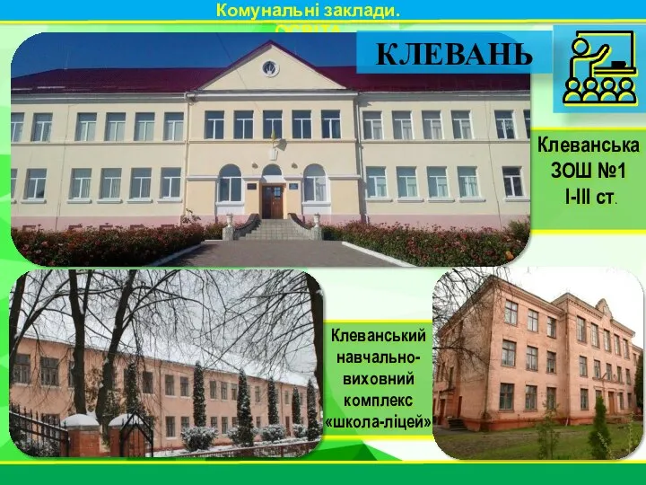 Комунальні заклади. ОСВІТА Клеванська ЗОШ №1 І-ІІІ ст. Клеванський навчально- виховний комплекс «школа-ліцей» КЛЕВАНЬ