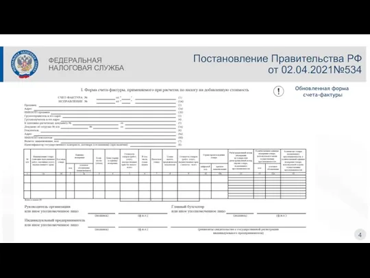 Постановление Правительства РФ от 02.04.2021№534 4 ФЕДЕРАЛЬНАЯ НАЛОГОВАЯ СЛУЖБА Обновленная форма счета-фактуры