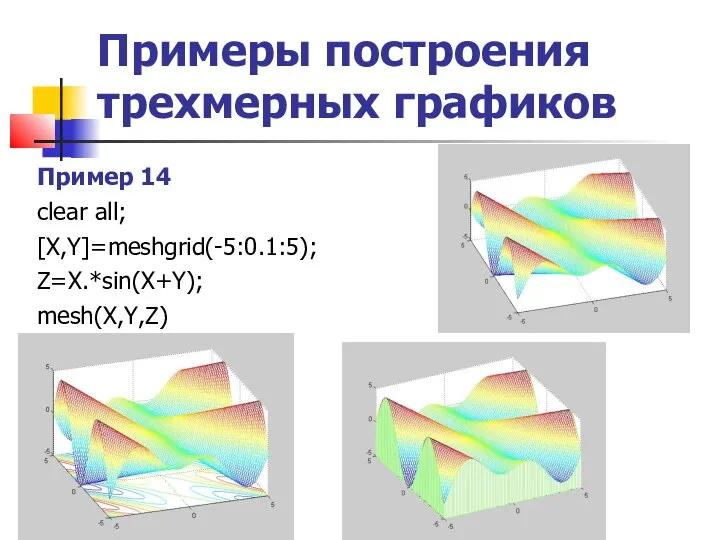 Примеры построения трехмерных графиков Пример 14 clear all; [X,Y]=meshgrid(-5:0.1:5); Z=X.*sin(X+Y); mesh(X,Y,Z)