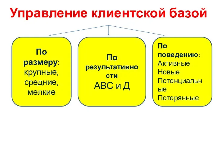 Управление клиентской базой По размеру: крупные, средние, мелкие По результативности АВС