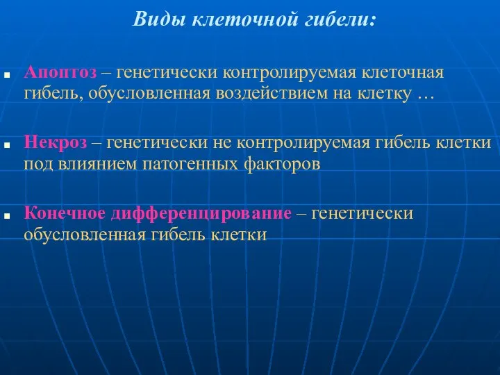 Виды клеточной гибели: Апоптоз – генетически контролируемая клеточная гибель, обусловленная воздействием