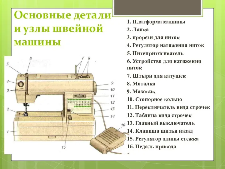 Основные детали и узлы швейной машины 1. Платформа машины 2. Лапка