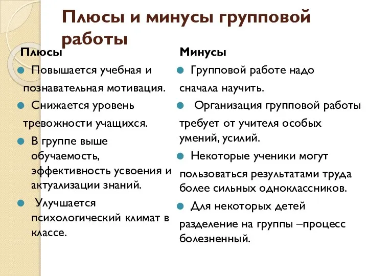 Плюсы и минусы групповой работы Плюсы Повышается учебная и познавательная мотивация.