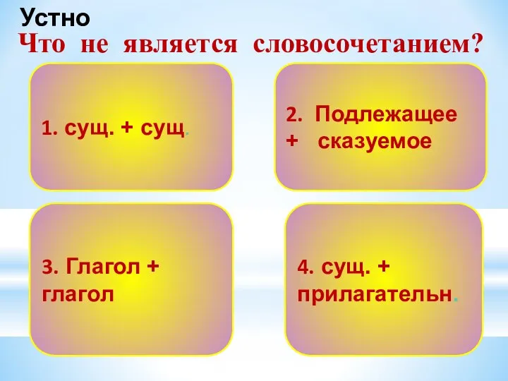 Что не является словосочетанием? 1. сущ. + сущ. 2. Подлежащее +