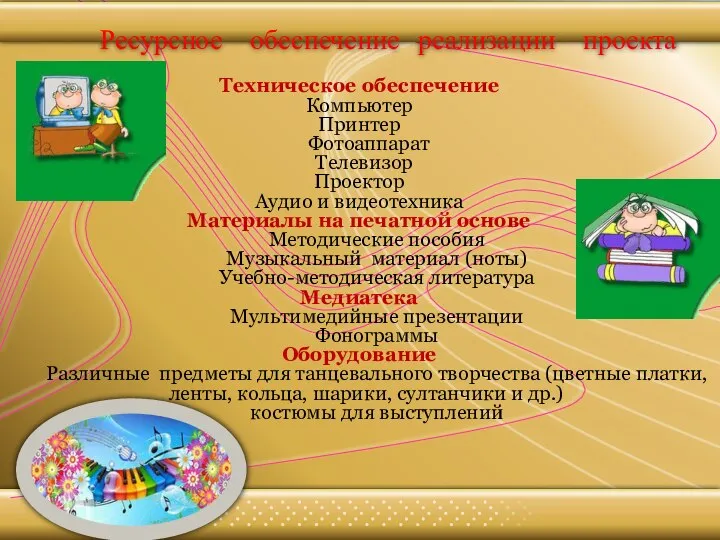 Ресурсное обеспечение реализации проекта Техническое обеспечение Компьютер Принтер Фотоаппарат Телевизор Проектор