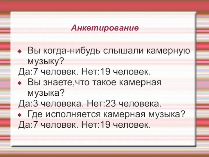 Анкетирование Вы когда-нибудь слышали камерную музыку? Да:7 человек. Нет:19 человек. Вы