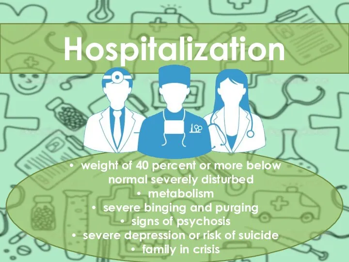 Hospitalization weight of 40 percent or more below normal severely disturbed