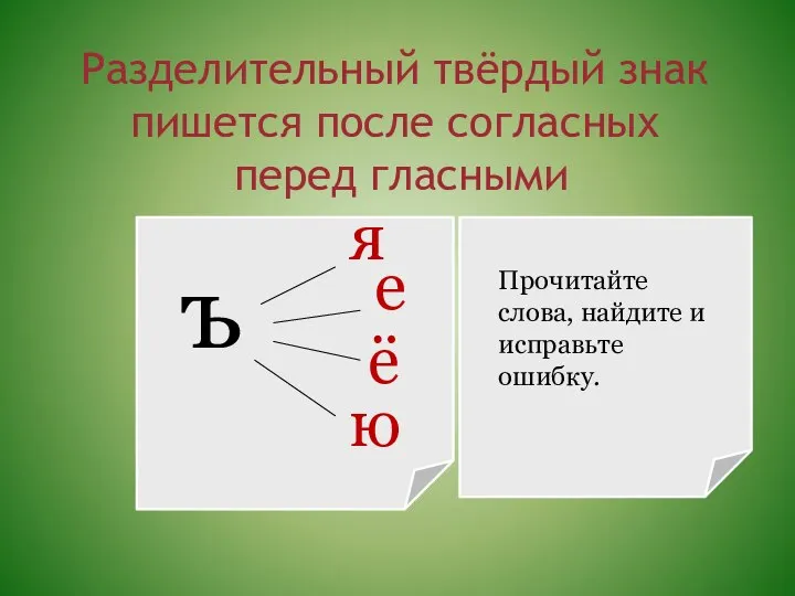 Разделительный твёрдый знак пишется после согласных перед гласными ъ я е