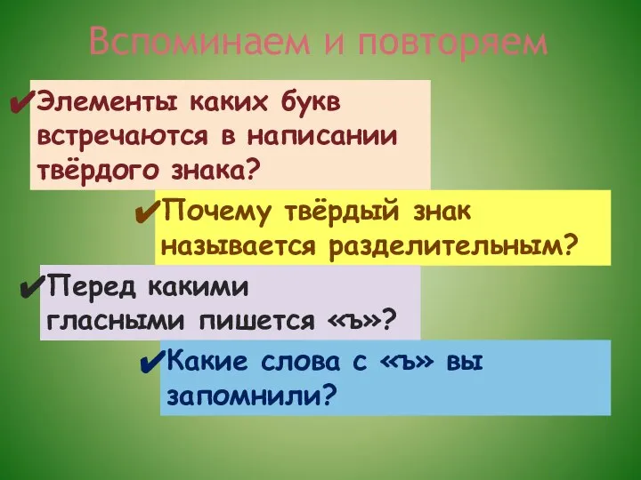 Вспоминаем и повторяем Элементы каких букв встречаются в написании твёрдого знака?