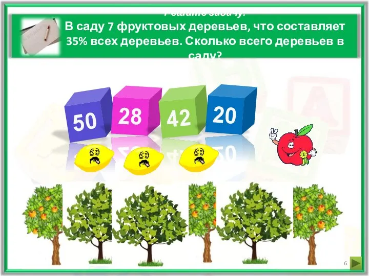 Решите задачу: В саду 7 фруктовых деревьев, что составляет 35% всех