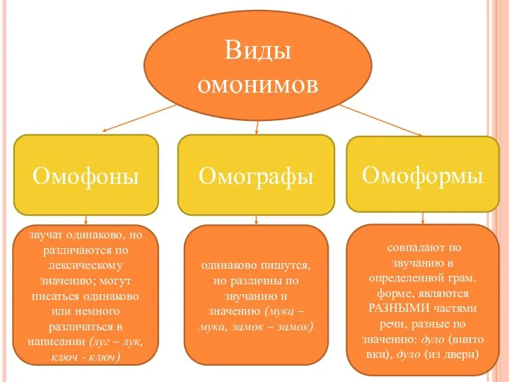 Виды омонимов Омофоны Омографы Омоформы звучат одинаково, но различаются по лексическому