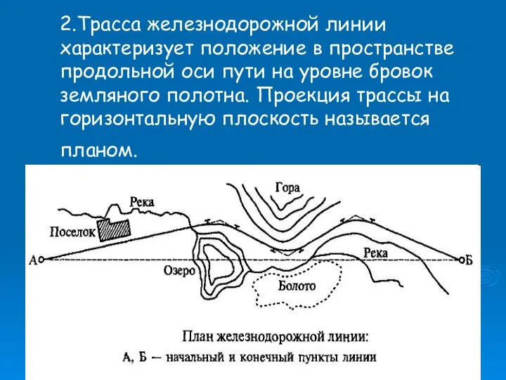 2.Трасса железнодорожной линии характеризует положение в пространстве продольной оси пути на