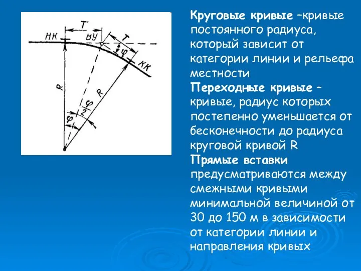 Круговые кривые –кривые постоянного радиуса, который зависит от категории линии и