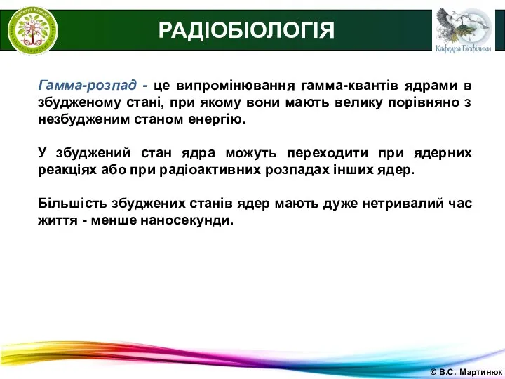 © В.С. Мартинюк РАДІОБІОЛОГІЯ Гамма-розпад - це випромінювання гамма-квантів ядрами в