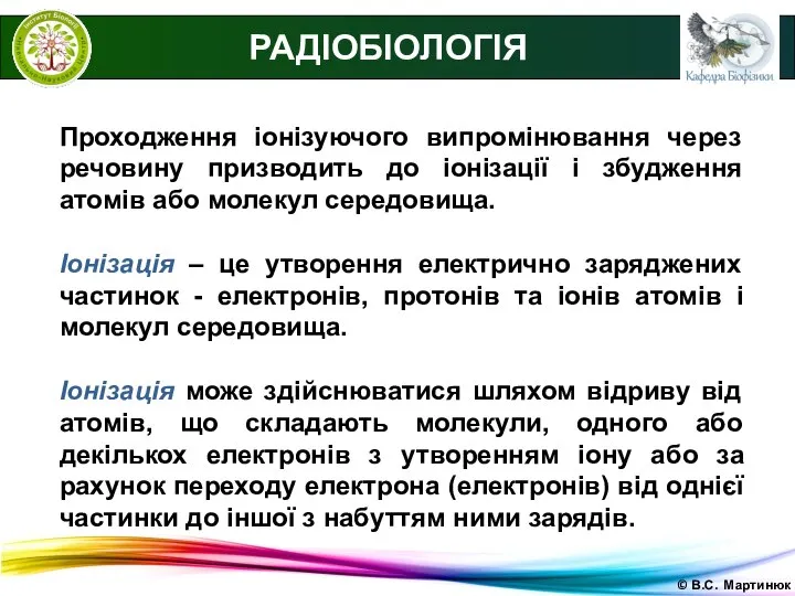 © В.С. Мартинюк РАДІОБІОЛОГІЯ Проходження іонізуючого випромінювання через речовину призводить до