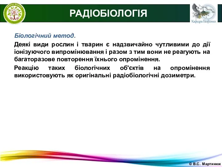 © В.С. Мартинюк РАДІОБІОЛОГІЯ Біологічний метод. Деякі види рослин і тварин