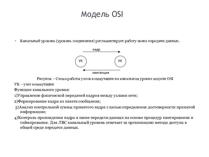 Модель OSI Канальный уровень (уровень соединения) регламентирует работу звена передачи данных.