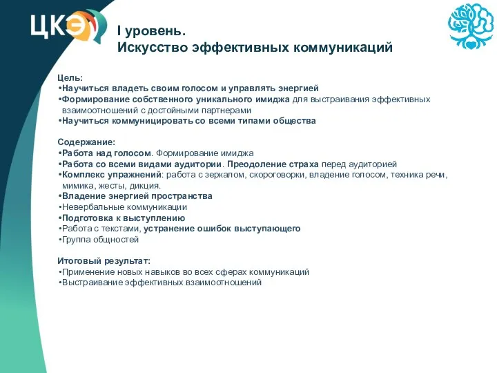 I уровень. Искусство эффективных коммуникаций Цель: Научиться владеть своим голосом и