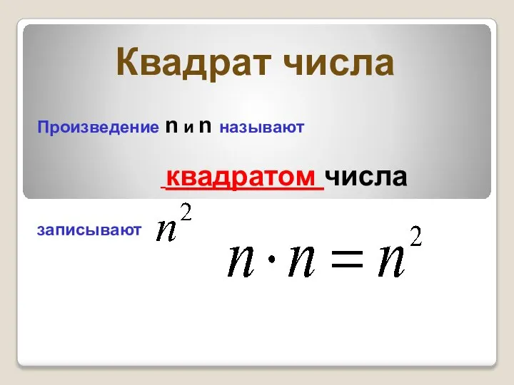 Квадрат числа Произведение n и n называют квадратом числа записывают