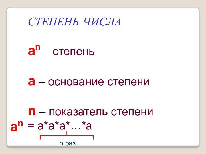 СТЕПЕНЬ ЧИСЛА an – cтепень a – основание степени n –