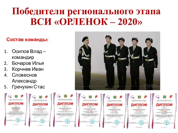 Победители регионального этапа ВСИ «ОРЛЕНОК – 2020» Состав команды: Осипов Влад