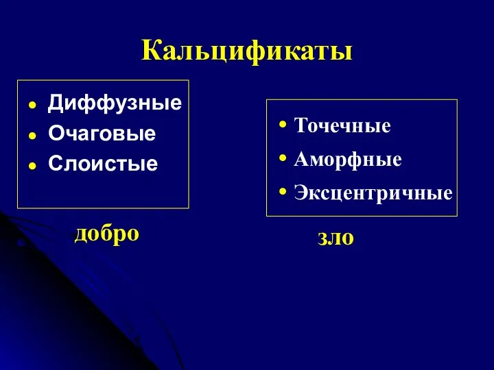 Диффузные Очаговые Слоистые добро Точечные Аморфные Эксцентричные зло Кальцификаты