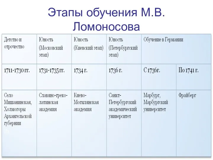 Этапы обучения М.В. Ломоносова